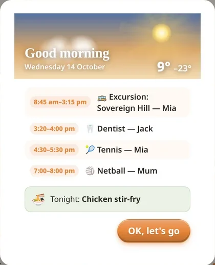 The good-morning card: today’s excursion, dentist, tennis and netball, and tonight’s chicken stir-fry